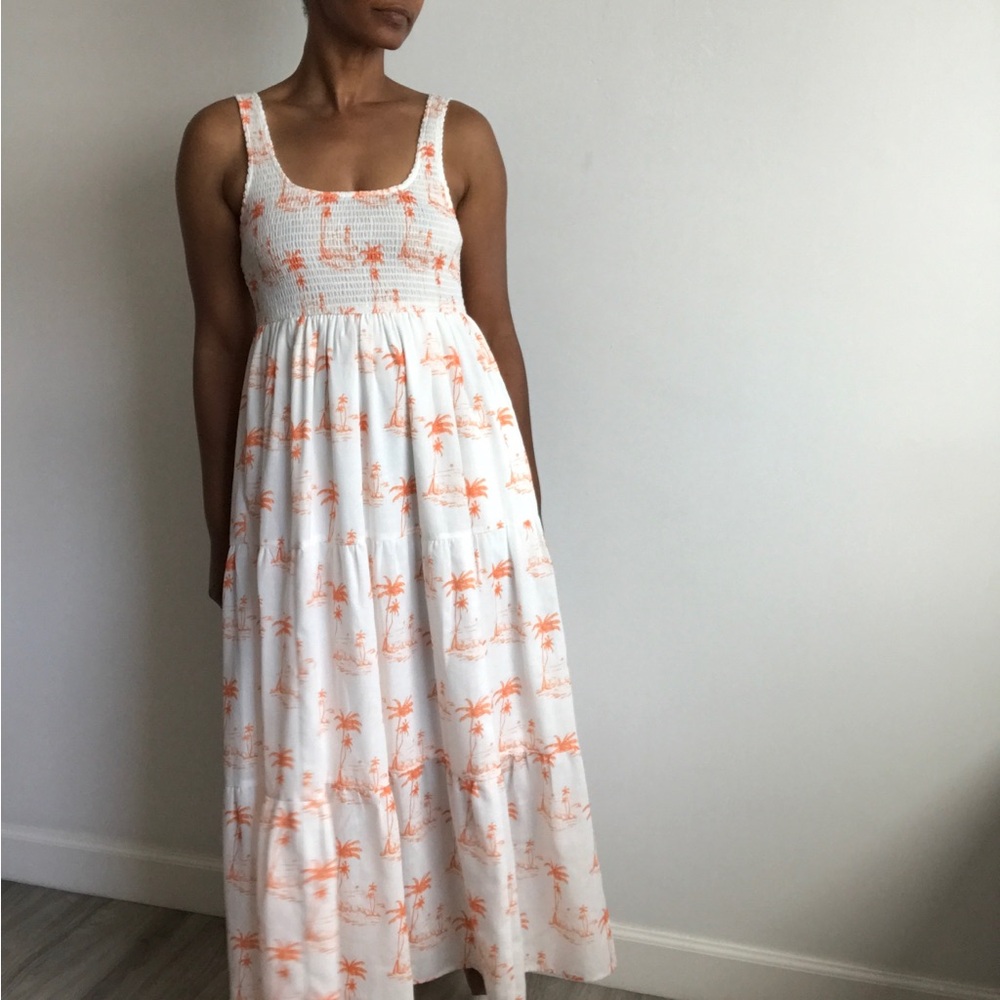 BEAVELY MAXI DRESS WHITE ORANGE A LINE PALM TREE PRINT WOMENS SMALL